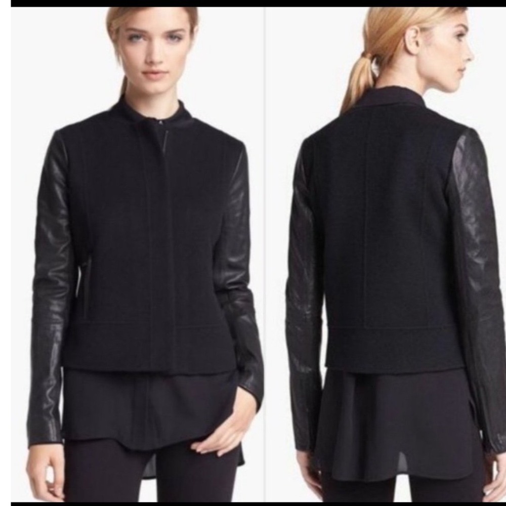 Vince Black Wool Leather Sleeve Mixed Media Jacket XS Hidden Closure Zipper Cuff